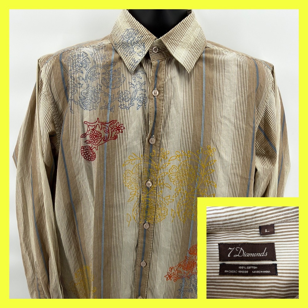 7 Diamonds Men's Large L LS Button Up‎ Shirt Striped Floral Embroidered Cotton